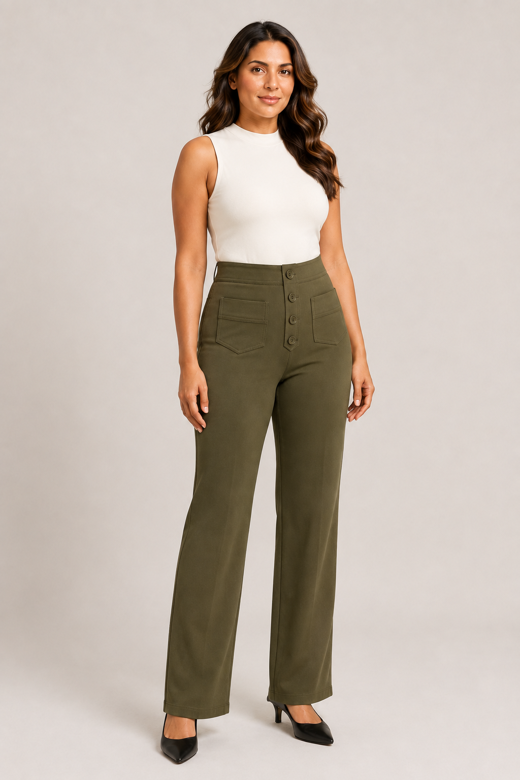Woman wearing the green button-front high-waisted straight-leg trousers, front three-quarter view
