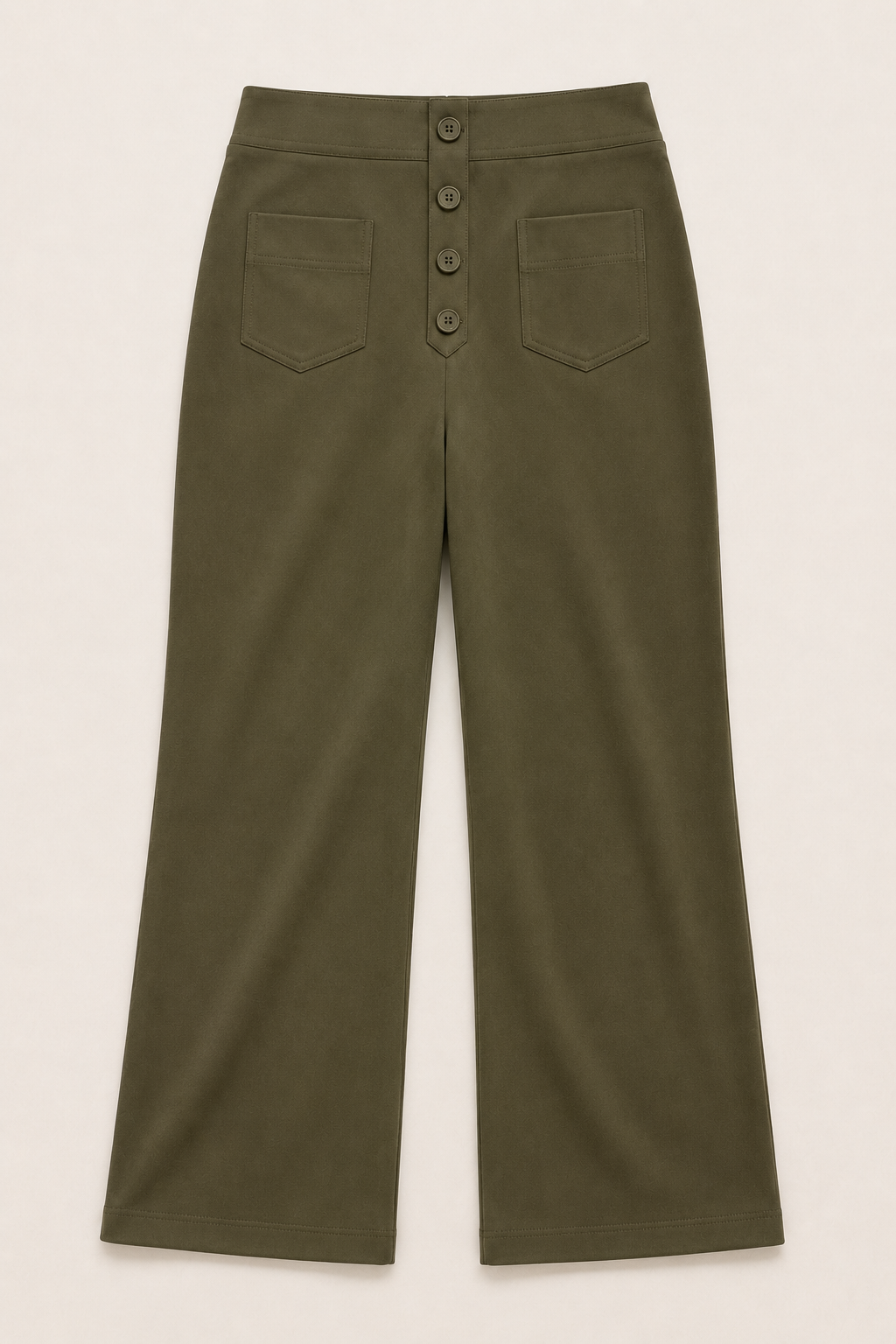 Flat-lay of the green button-front high-waisted straight-leg trousers