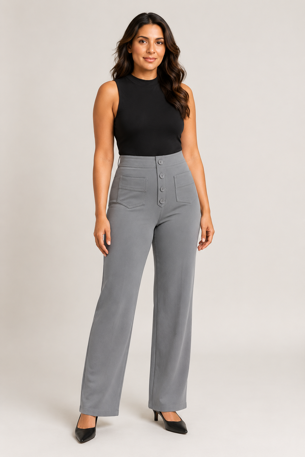 Woman wearing the grey button-front high-waisted straight-leg trousers, front three-quarter view