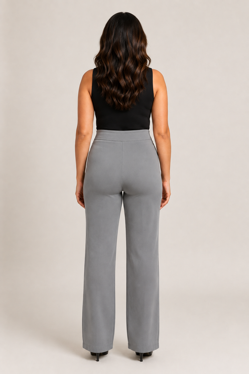 Back view of the grey high-waisted straight-leg trousers showing the clean waistband and straight legs