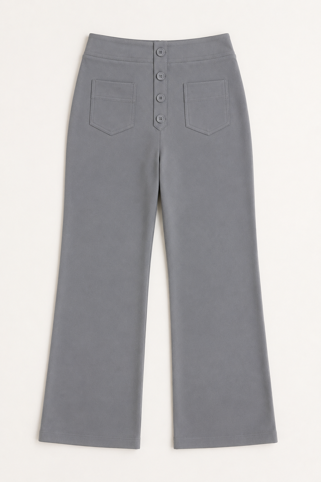 Flat-lay of the grey button-front high-waisted straight-leg trousers