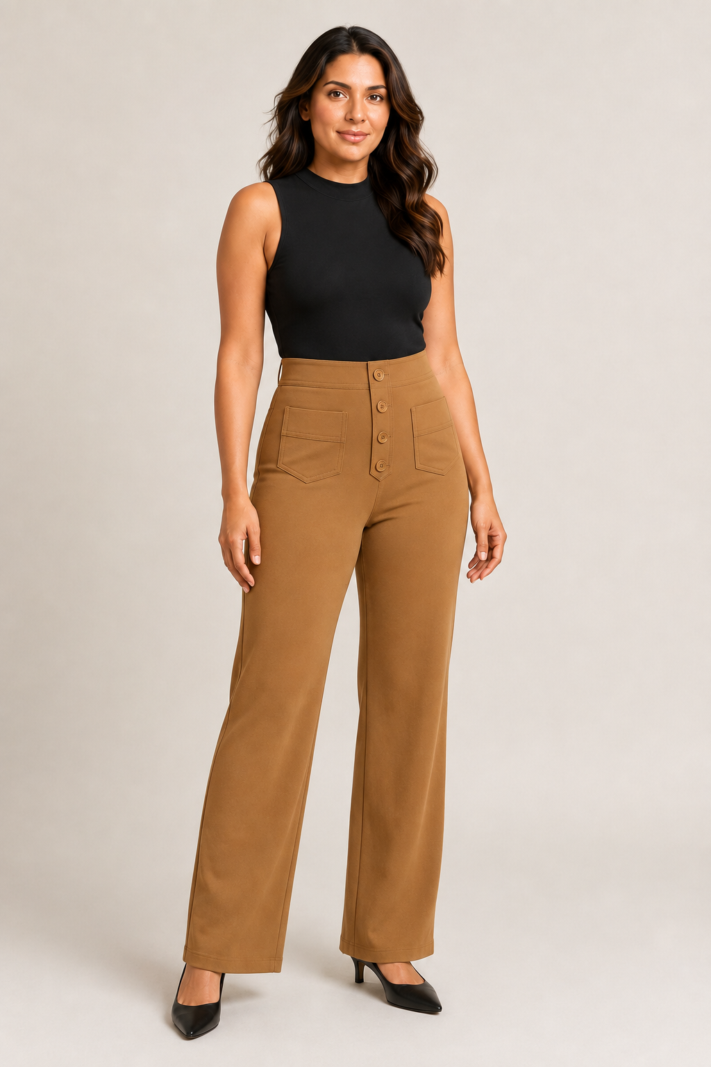 Woman wearing the khaki button-front high-waisted straight-leg trousers, front three-quarter view