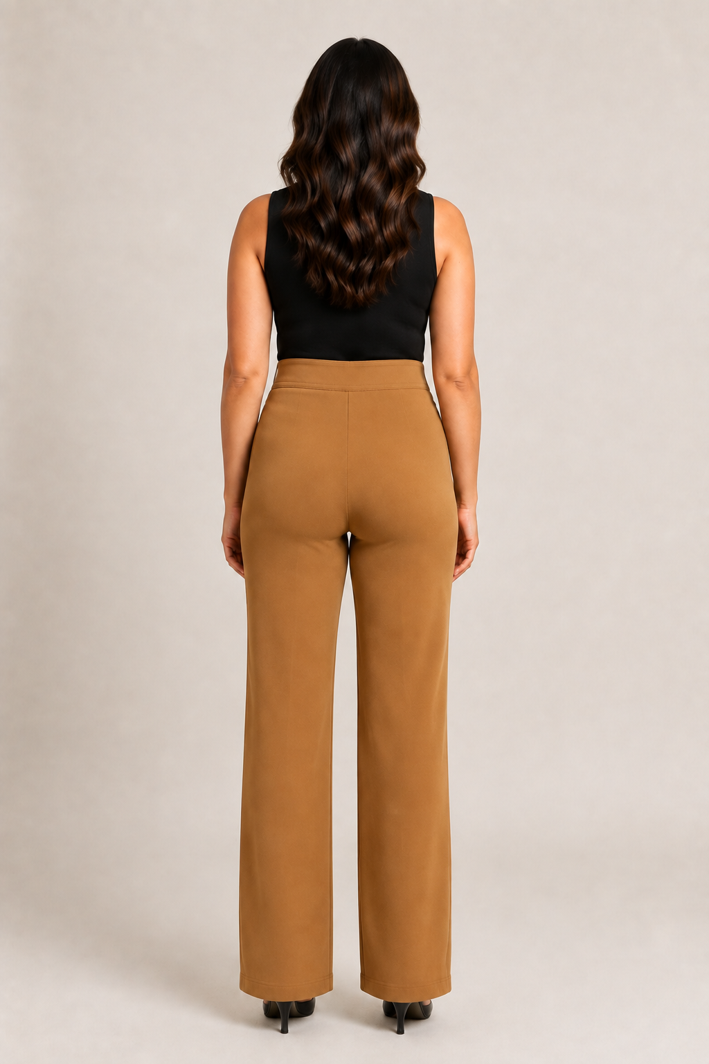 Back view of the khaki high-waisted straight-leg trousers showing the clean waistband and straight legs