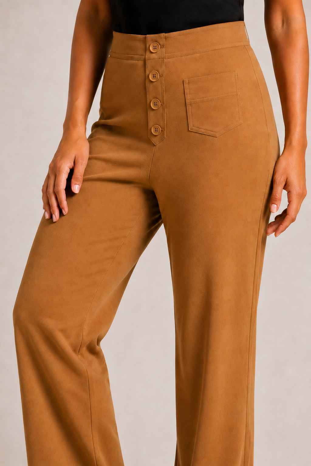 Model-worn close-up of the khaki trousers showing the fine matte fabric texture and tonal stitching