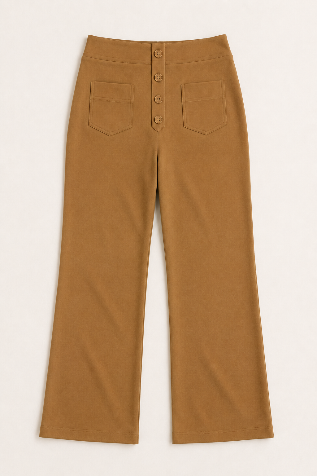 Flat-lay of the khaki button-front high-waisted straight-leg trousers