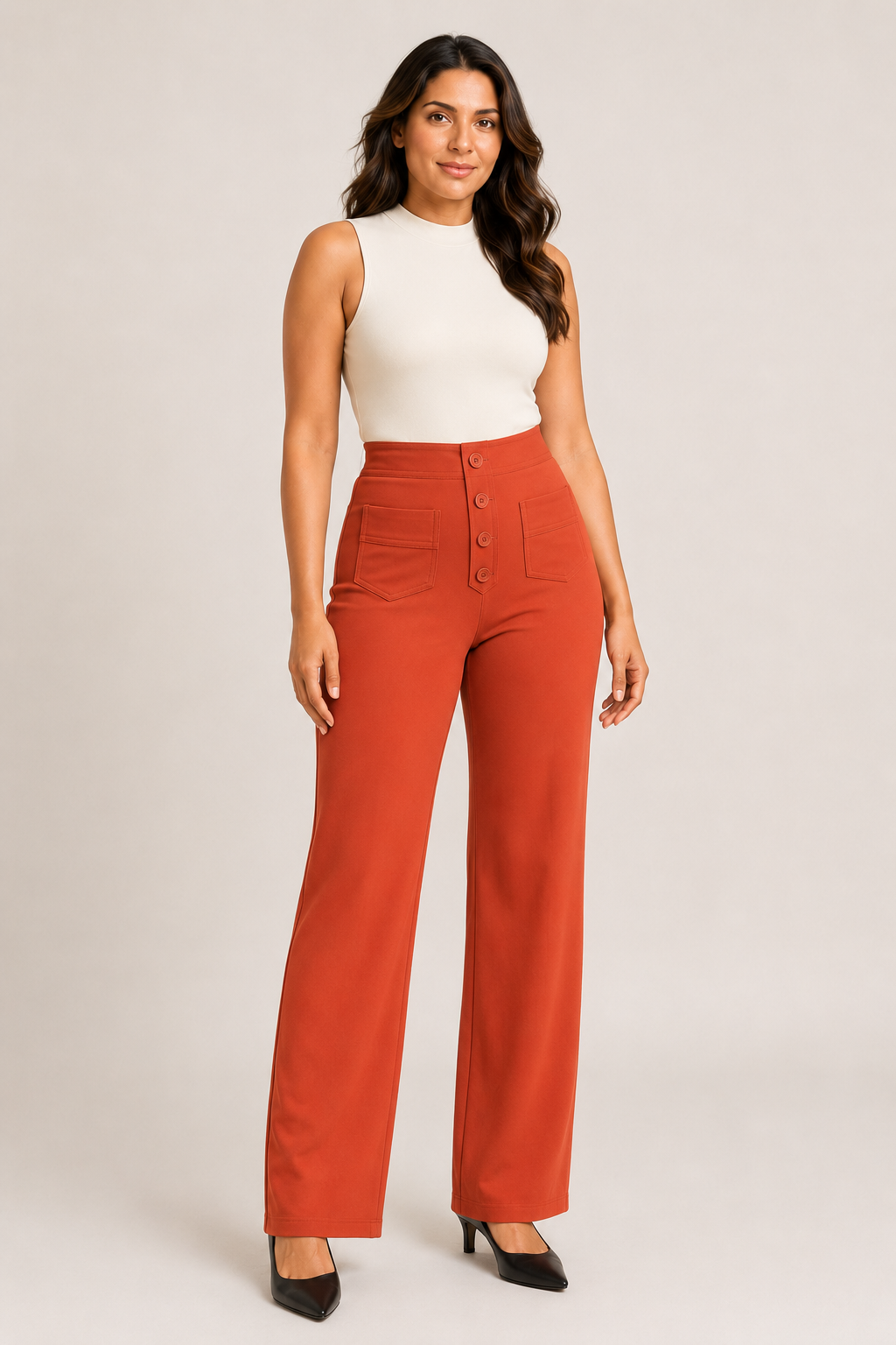 Woman wearing the orange button-front high-waisted straight-leg trousers, front three-quarter view