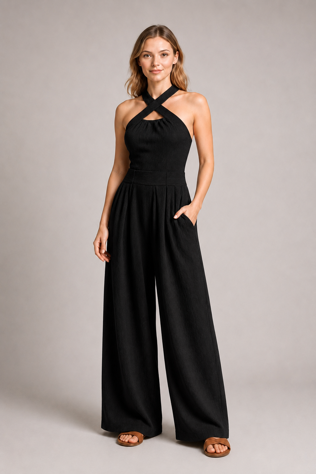 Cross-Neck Wide-Leg Jumpsuit in Black, front three-quarter view