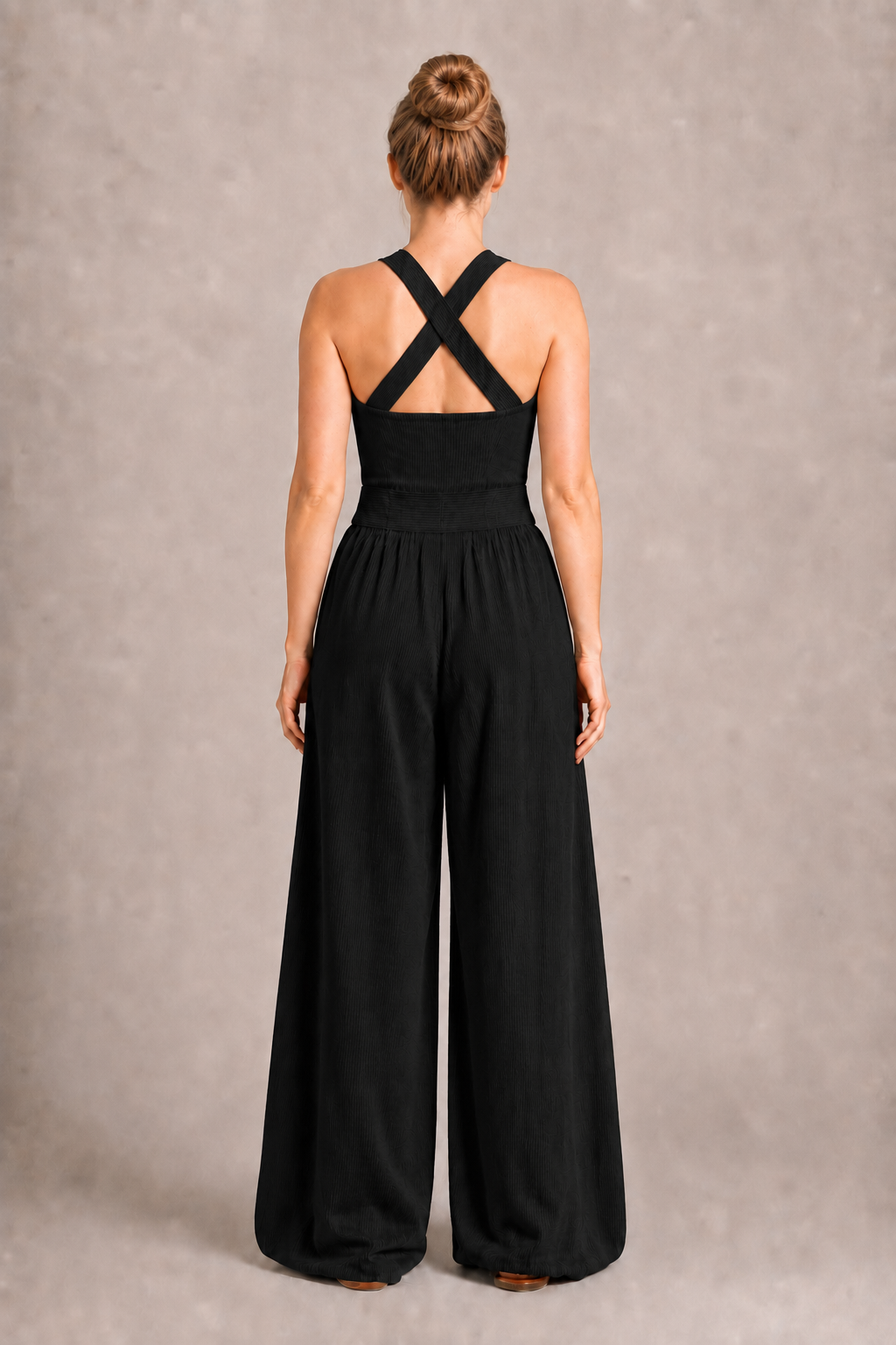 Cross-Neck Wide-Leg Jumpsuit in Black, back view