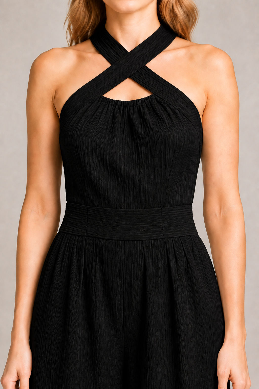 Cross-Neck Wide-Leg Jumpsuit in Black, fabric detail