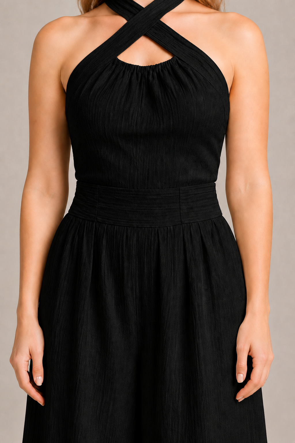 Cross-Neck Wide-Leg Jumpsuit in Black, waistband construction detail