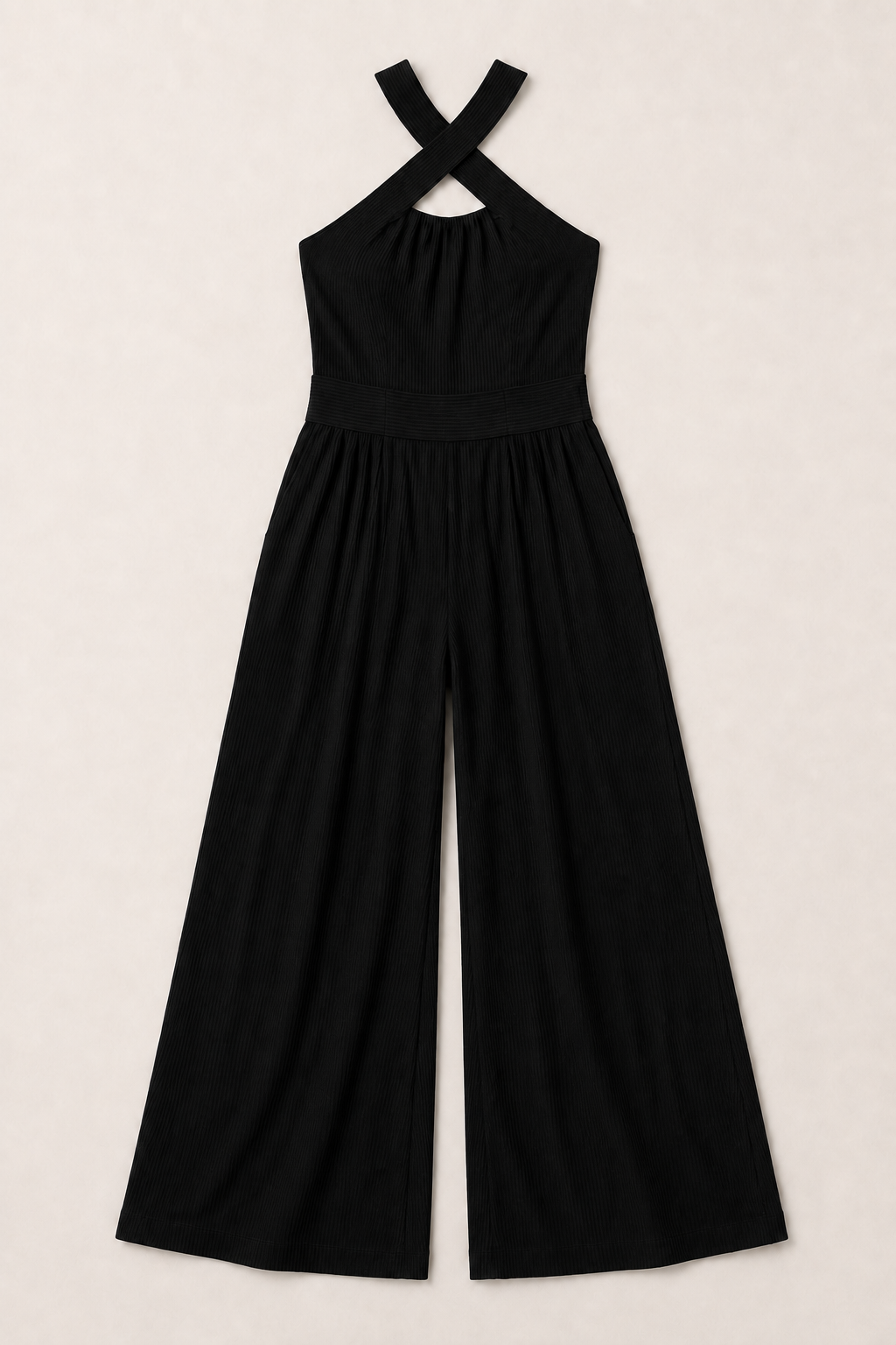 Cross-Neck Wide-Leg Jumpsuit in Black, flat lay