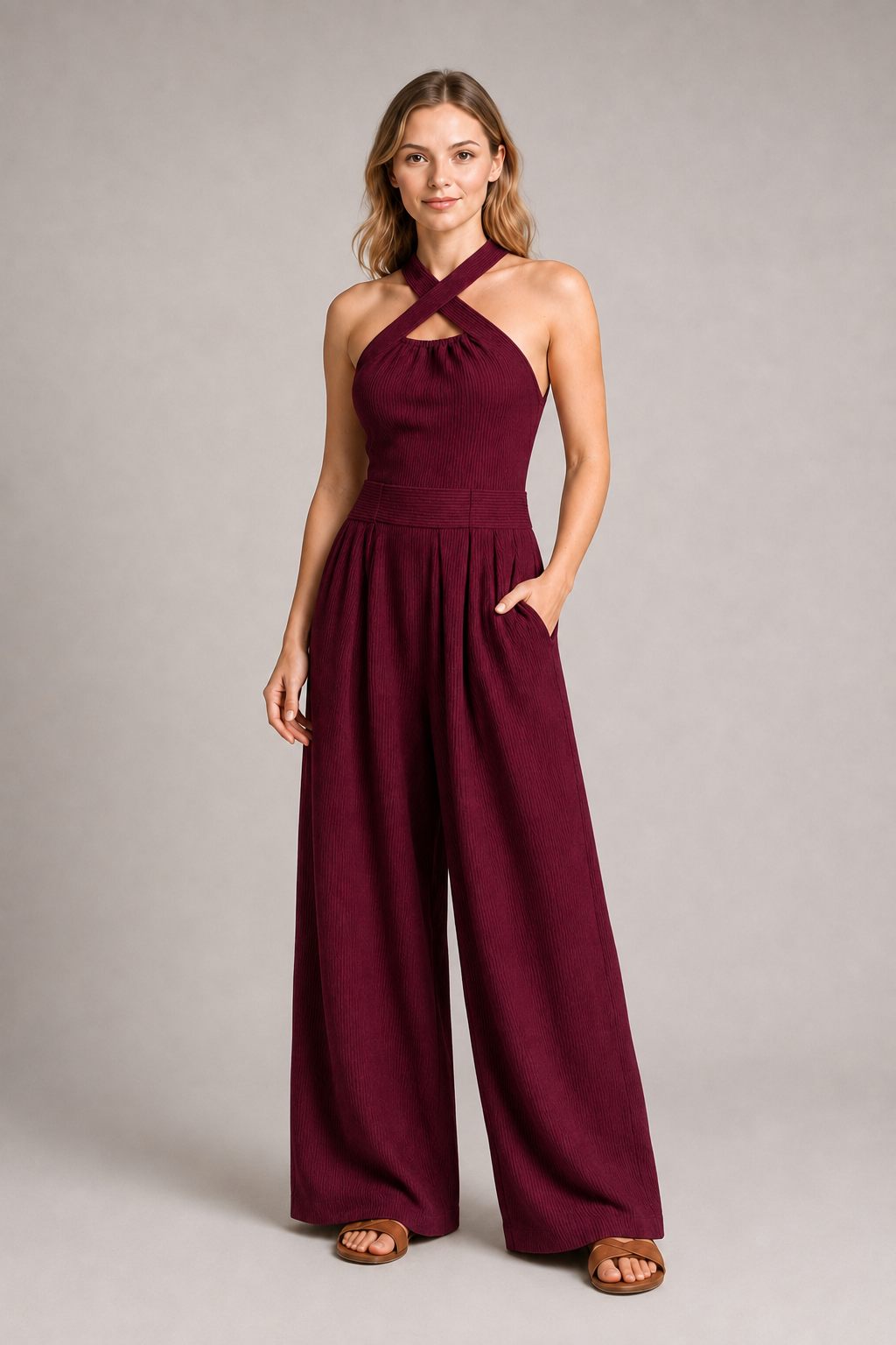 Cross-Neck Wide-Leg Jumpsuit in Burgundy, front three-quarter view