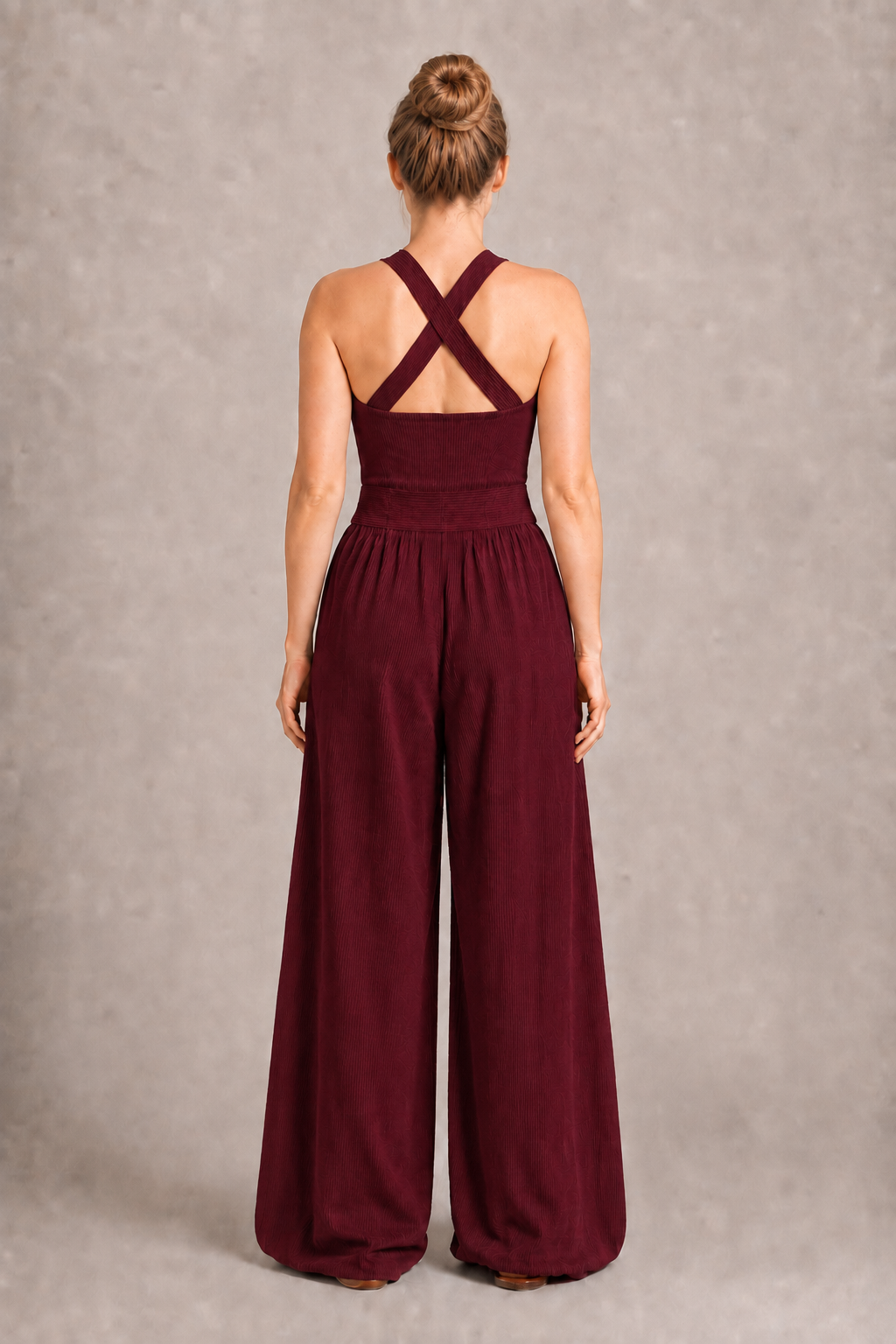 Cross-Neck Wide-Leg Jumpsuit in Burgundy, back view