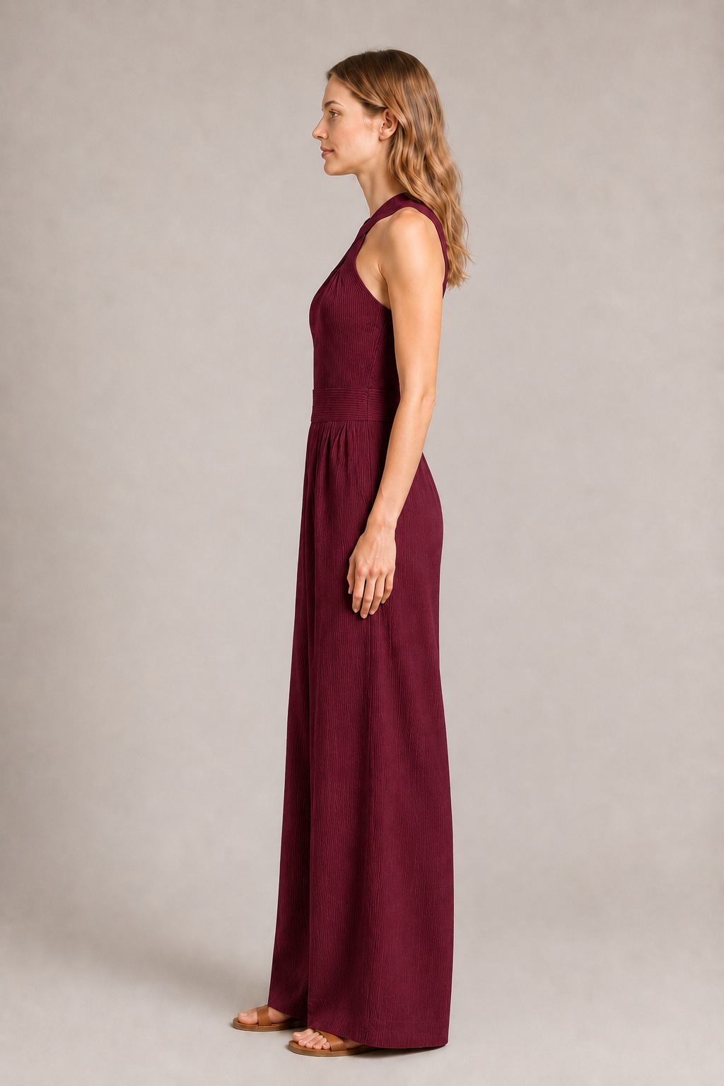 Cross-Neck Wide-Leg Jumpsuit in Burgundy, side view