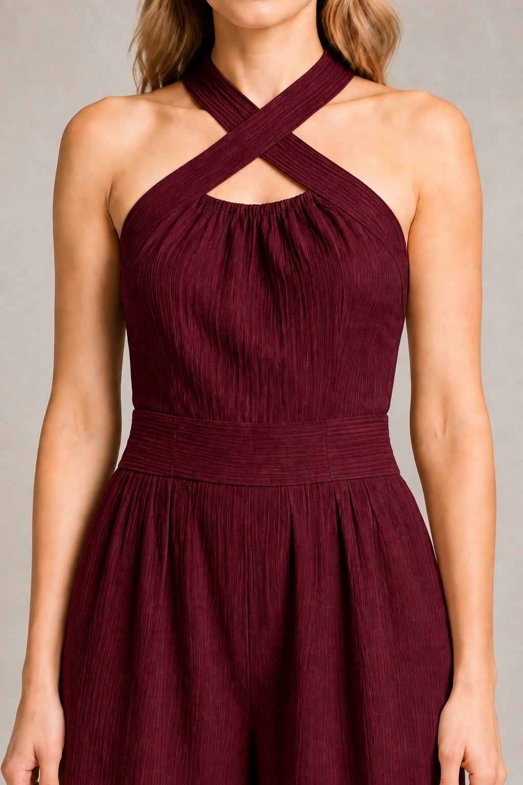 Cross-Neck Wide-Leg Jumpsuit in Burgundy, fabric detail