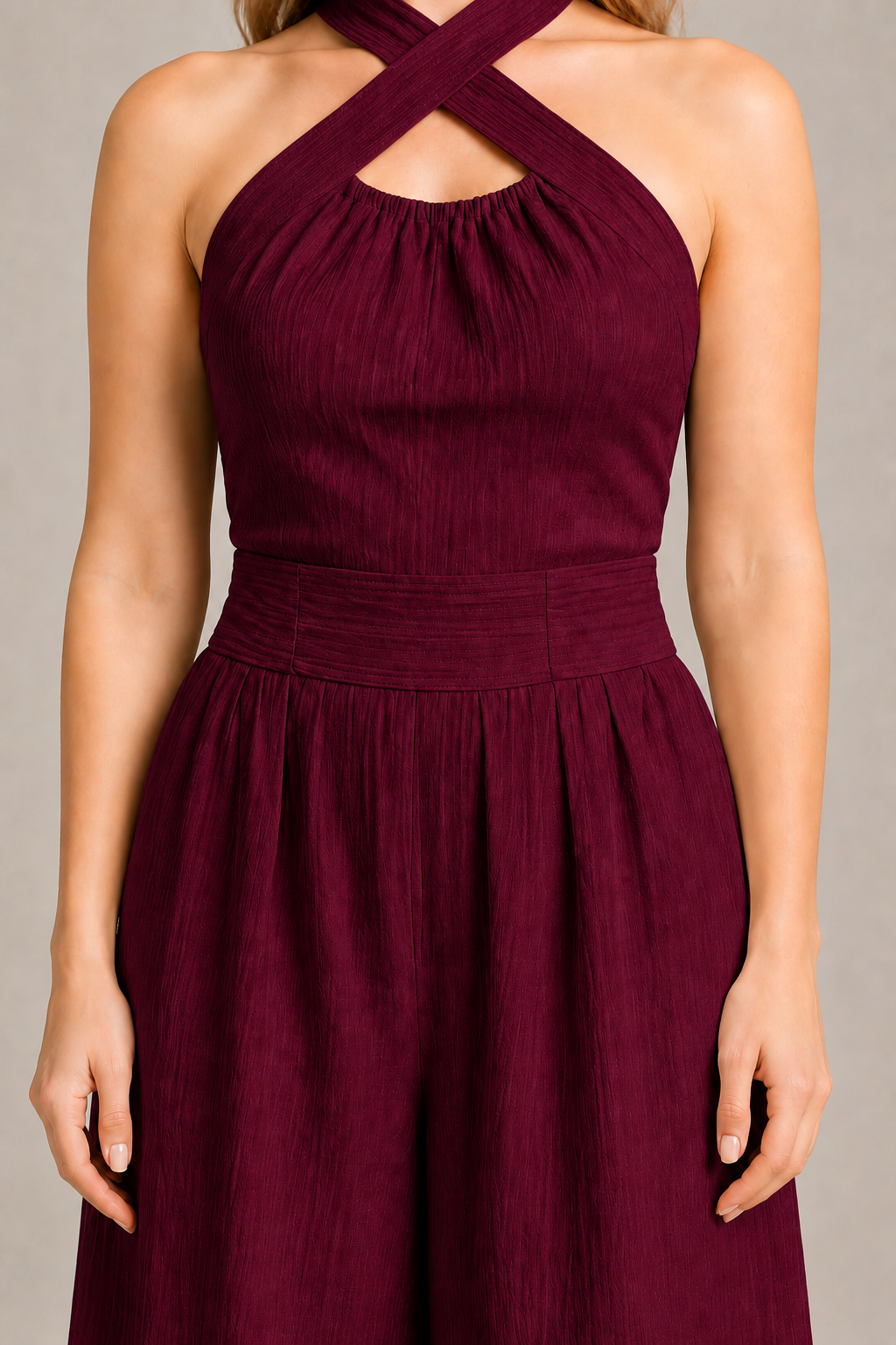 Cross-Neck Wide-Leg Jumpsuit in Burgundy, waistband construction detail
