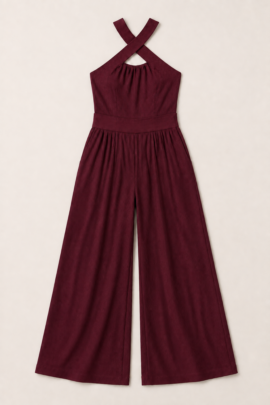 Cross-Neck Wide-Leg Jumpsuit in Burgundy, flat lay