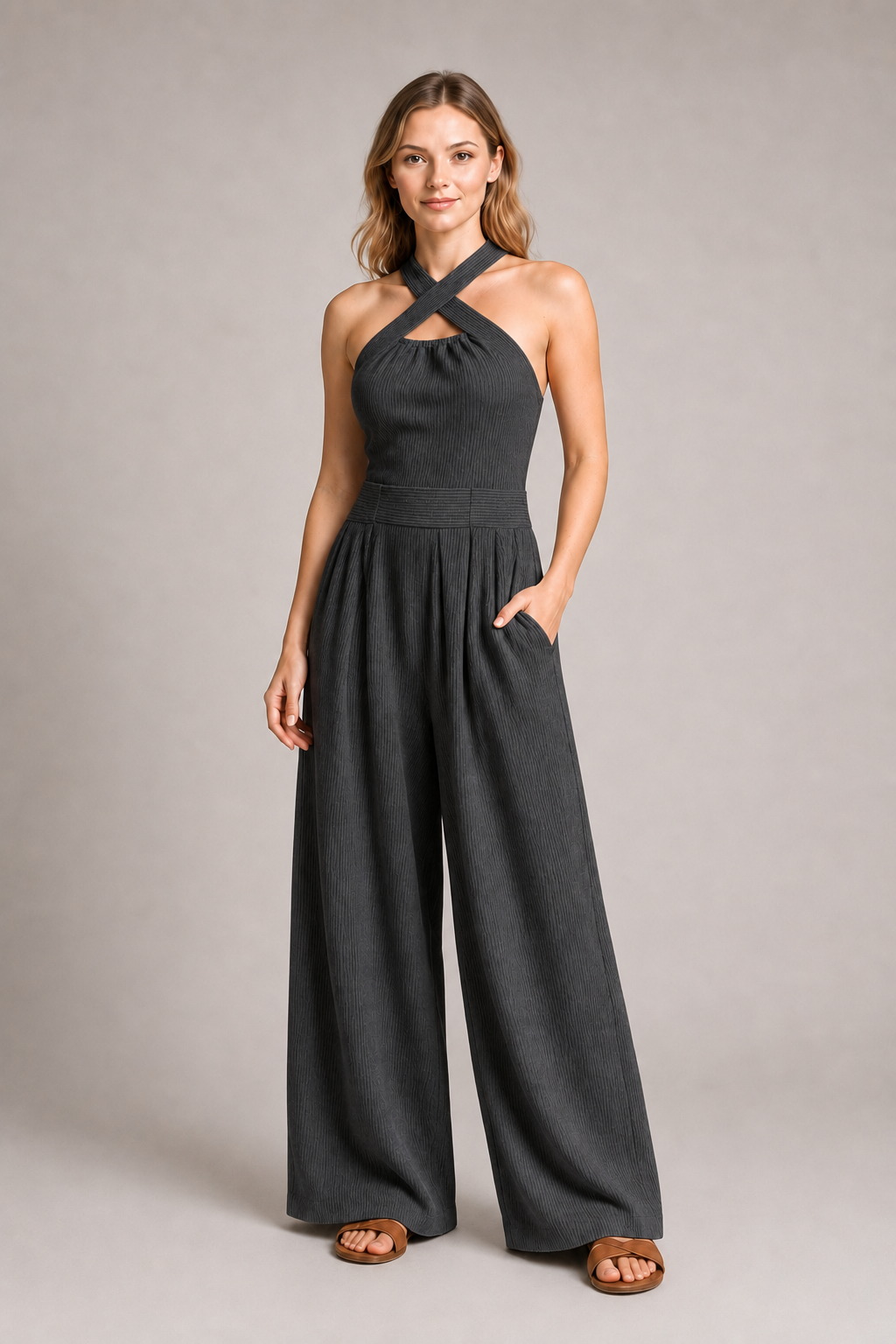Cross-Neck Wide-Leg Jumpsuit in Charcoal Gray, front three-quarter view
