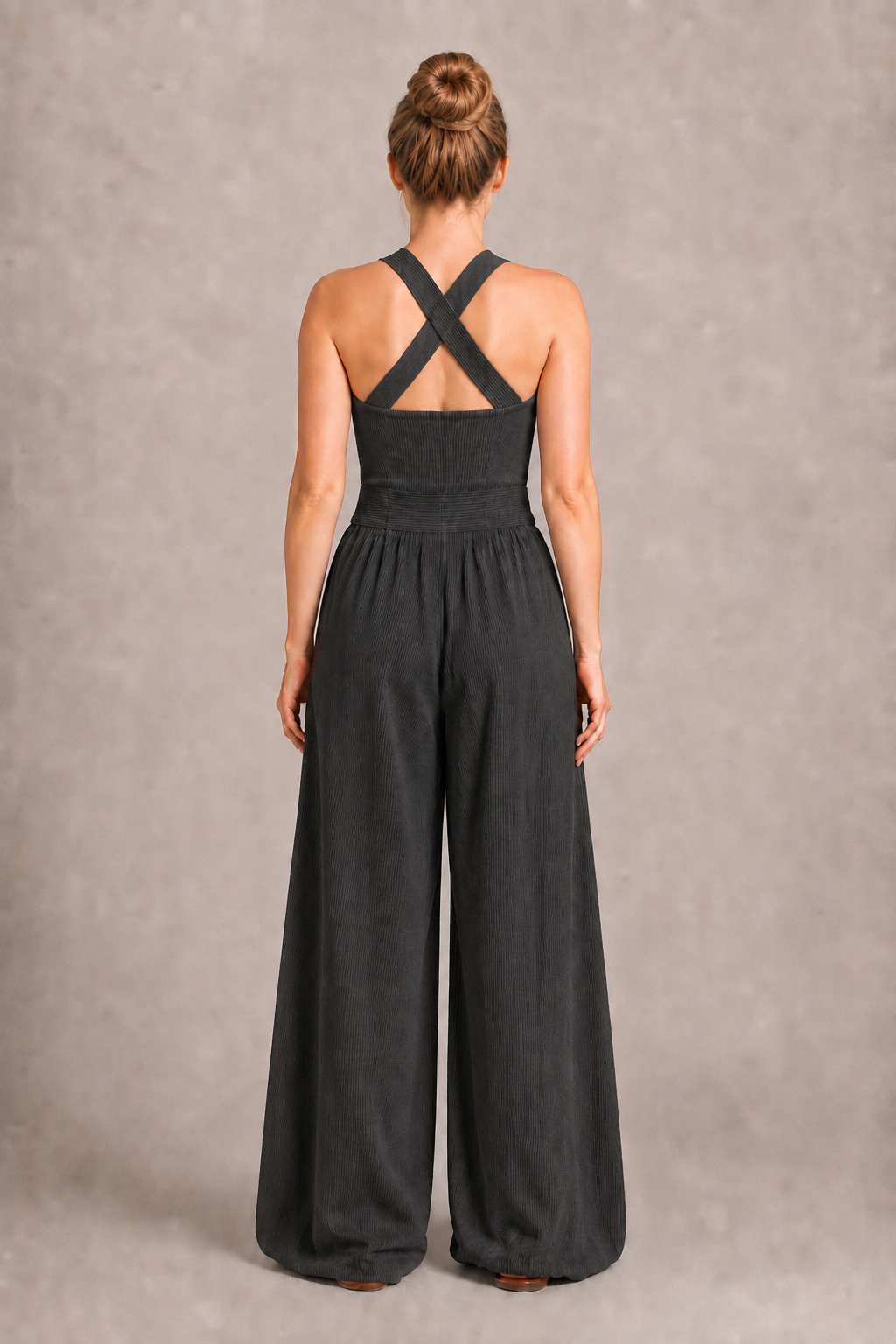 Cross-Neck Wide-Leg Jumpsuit in Charcoal Gray, back view