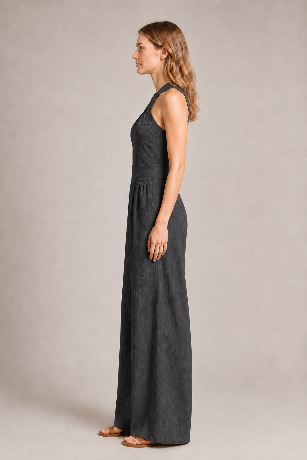 Cross-Neck Wide-Leg Jumpsuit in Charcoal Gray, side view