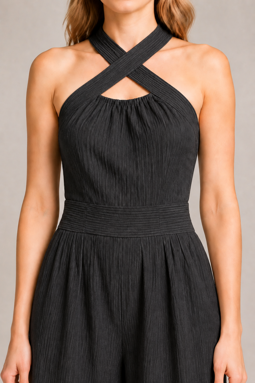 Cross-Neck Wide-Leg Jumpsuit in Charcoal Gray, fabric detail