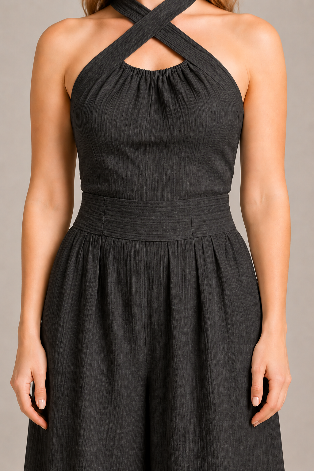 Cross-Neck Wide-Leg Jumpsuit in Charcoal Gray, waistband construction detail