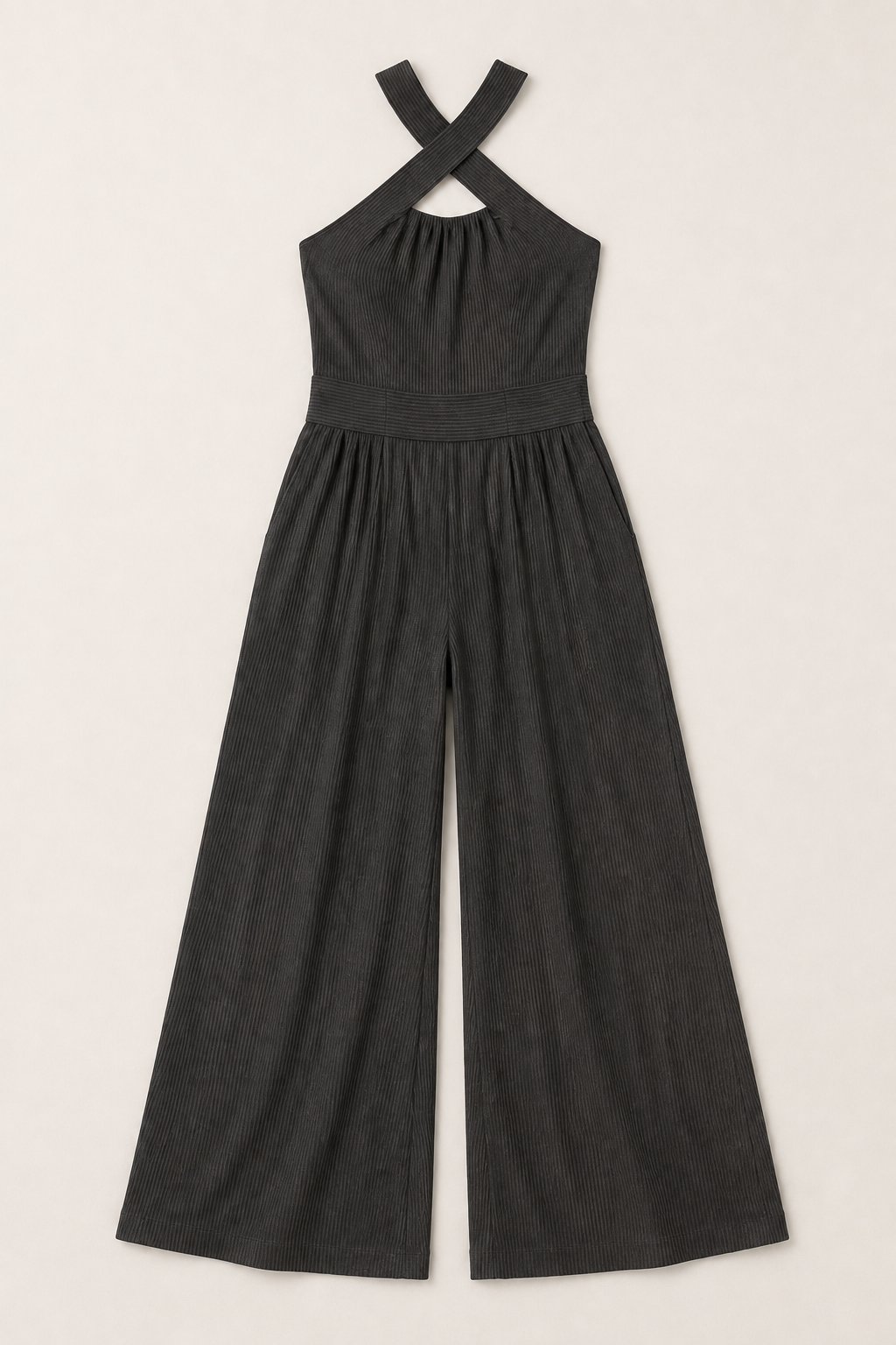 Cross-Neck Wide-Leg Jumpsuit in Charcoal Gray, flat lay