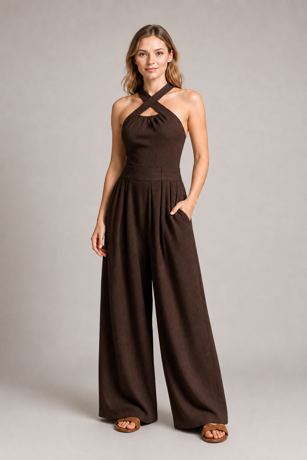 Cross-Neck Wide-Leg Jumpsuit in Dark Brown, front three-quarter view