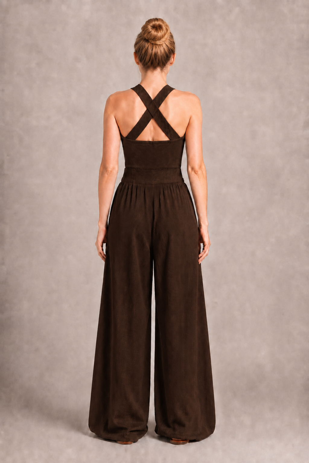 Cross-Neck Wide-Leg Jumpsuit in Dark Brown, back view