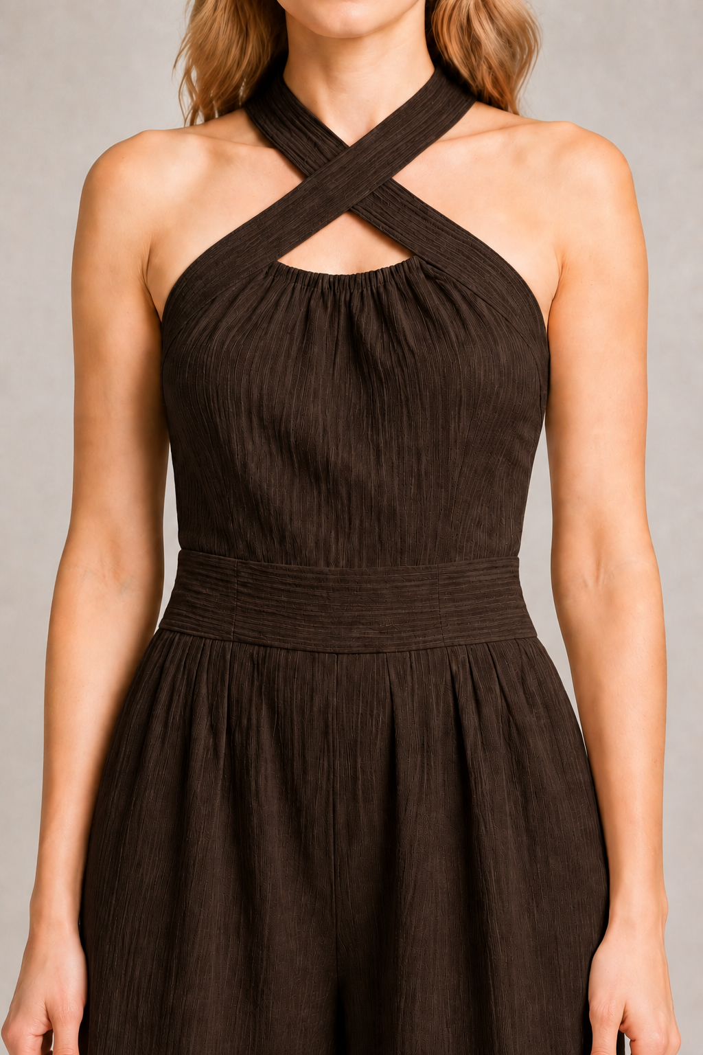 Cross-Neck Wide-Leg Jumpsuit in Dark Brown, fabric detail