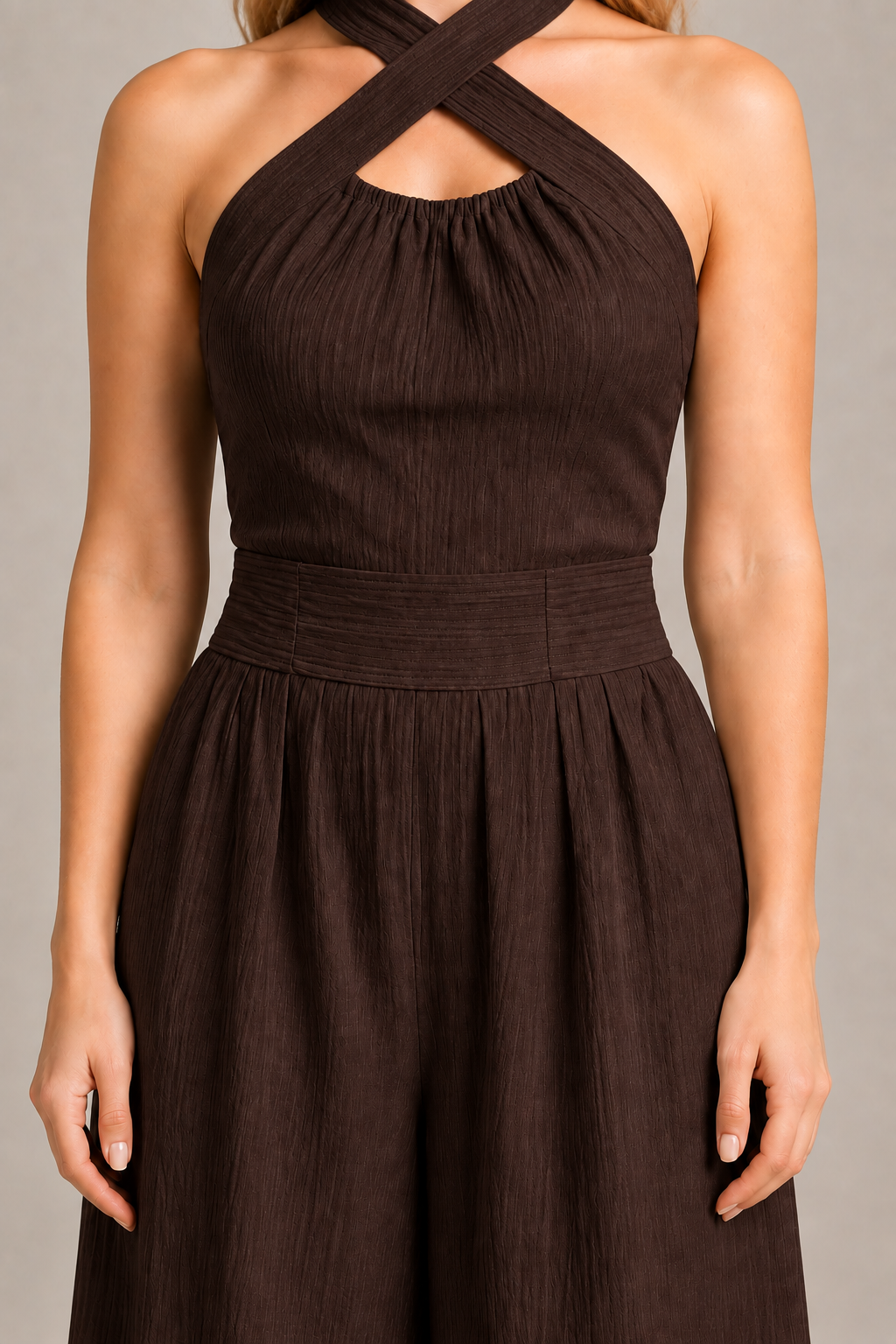 Cross-Neck Wide-Leg Jumpsuit in Dark Brown, waistband construction detail