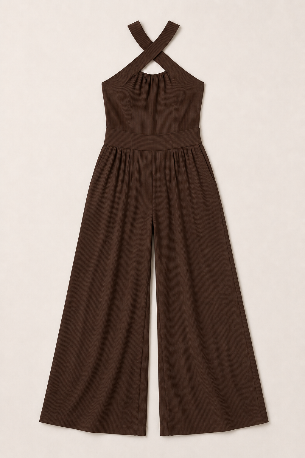 Cross-Neck Wide-Leg Jumpsuit in Dark Brown, flat lay