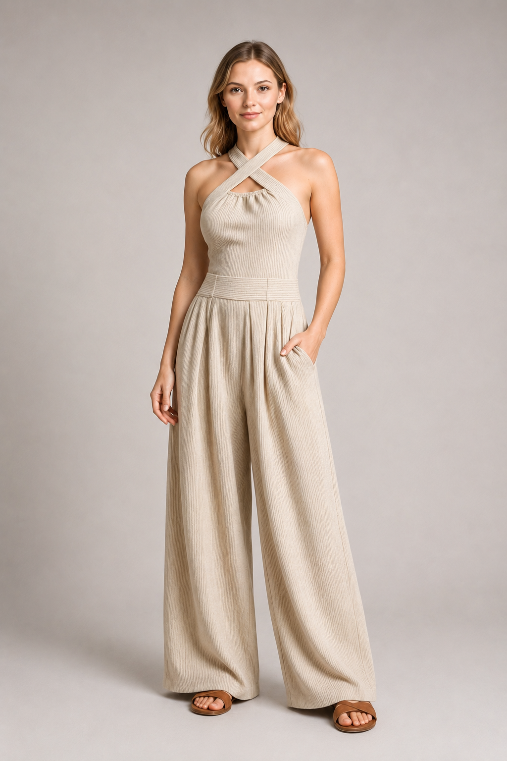 Cross-Neck Wide-Leg Jumpsuit in Khaki, front three-quarter view