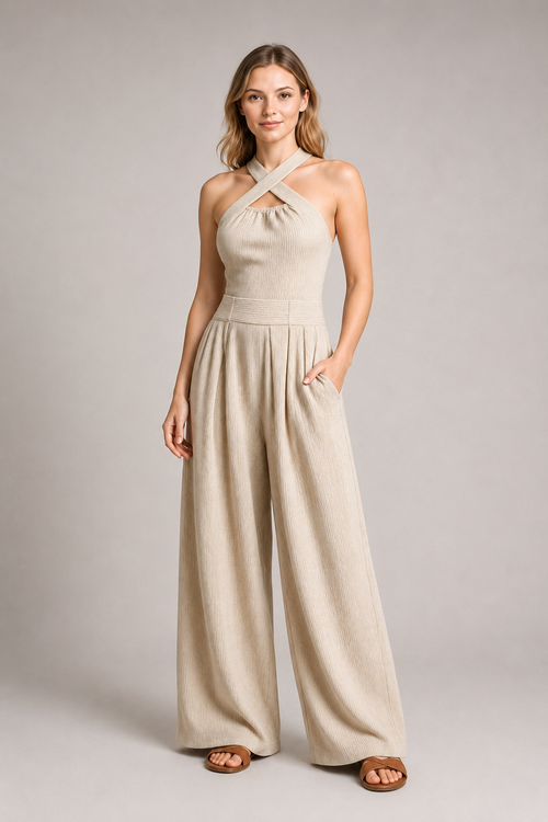 Cross-Neck Wide-Leg Jumpsuit in Khaki, front three-quarter view