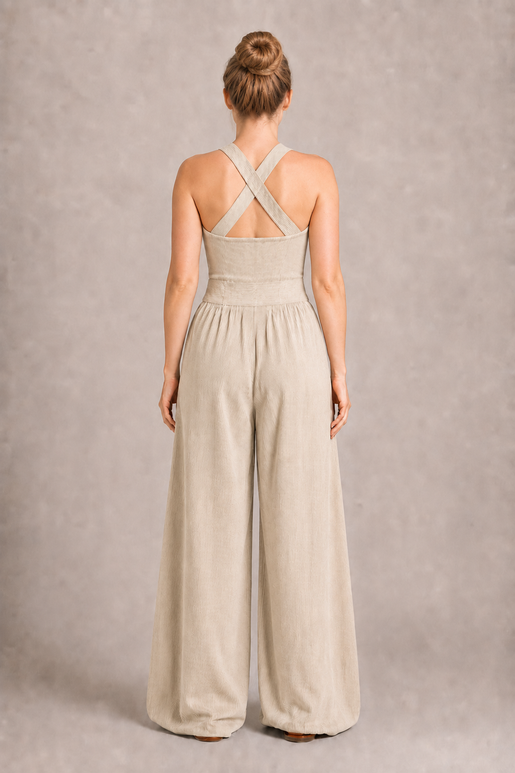 Cross-Neck Wide-Leg Jumpsuit in Khaki, back view