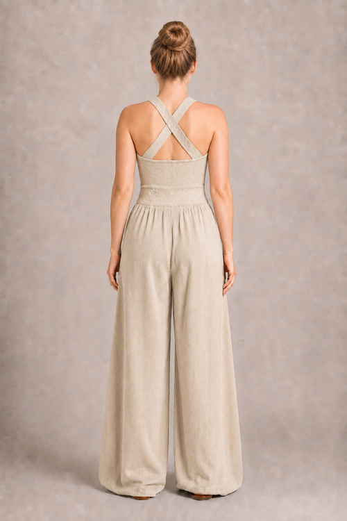 Cross-Neck Wide-Leg Jumpsuit in Khaki, back view