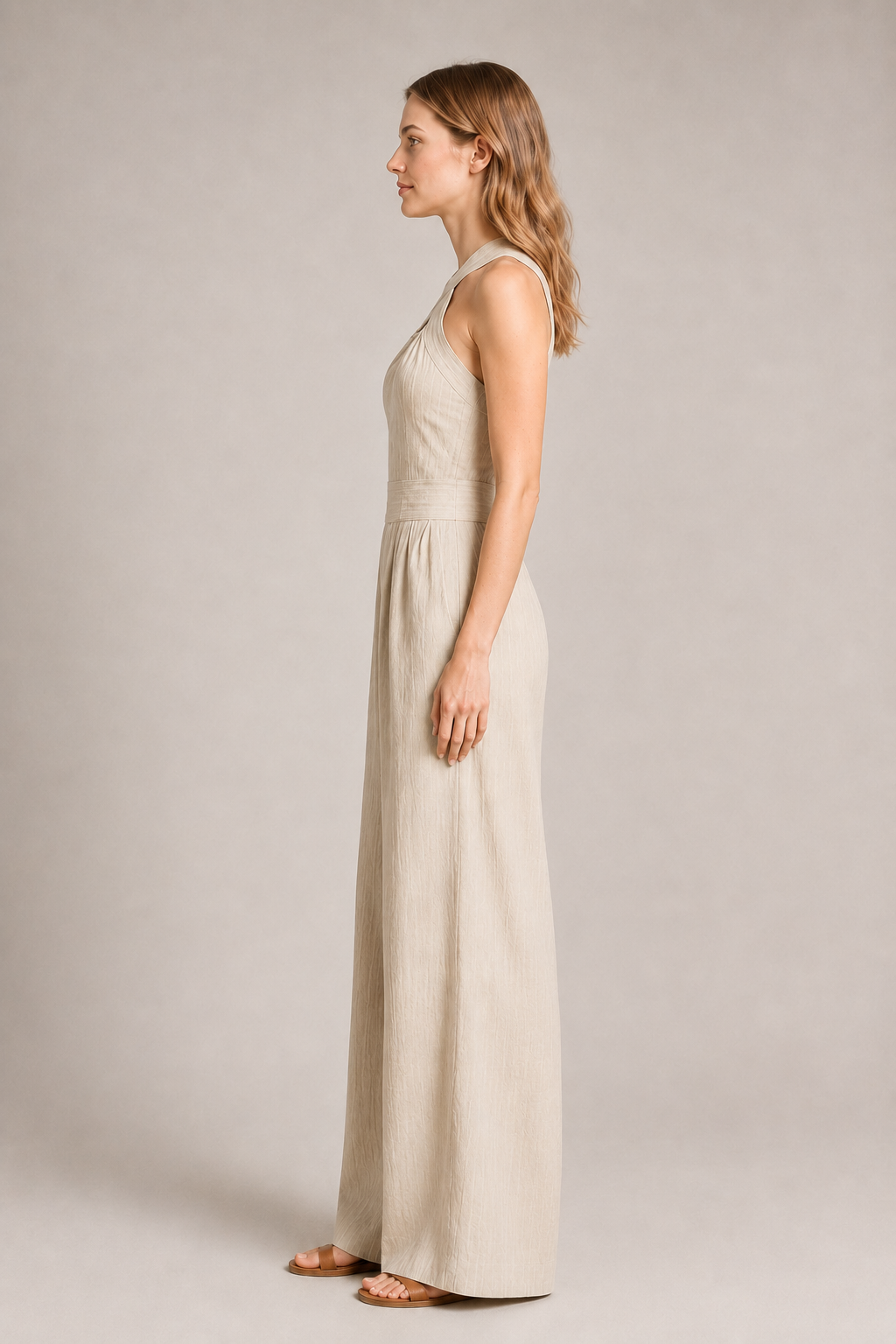 Cross-Neck Wide-Leg Jumpsuit in Khaki, side view