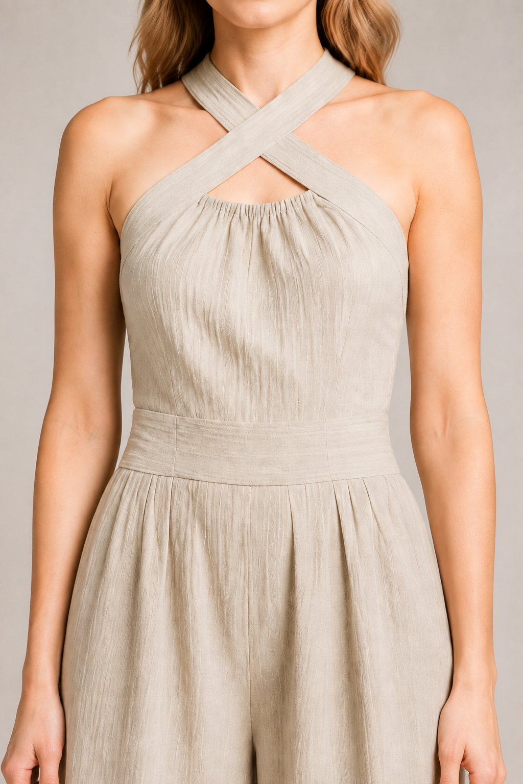 Cross-Neck Wide-Leg Jumpsuit in Khaki, fabric detail
