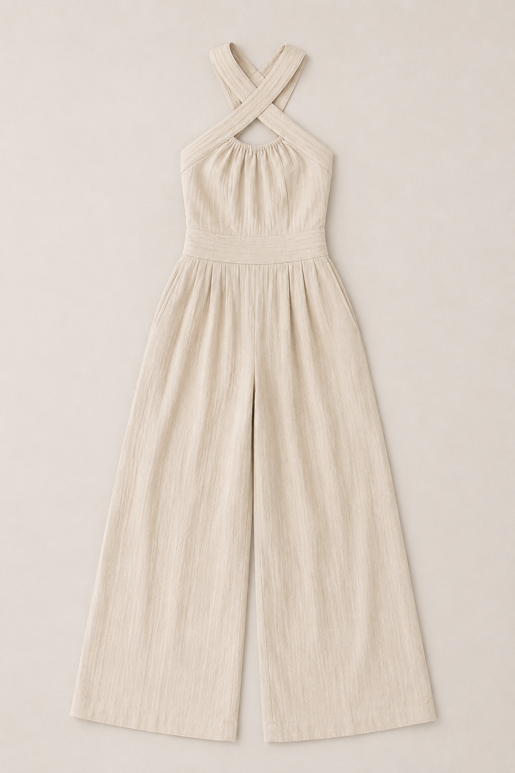 Cross-Neck Wide-Leg Jumpsuit in Khaki, flat lay