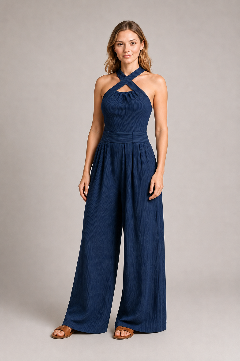 Cross-Neck Wide-Leg Jumpsuit in Navy Blue, front three-quarter view
