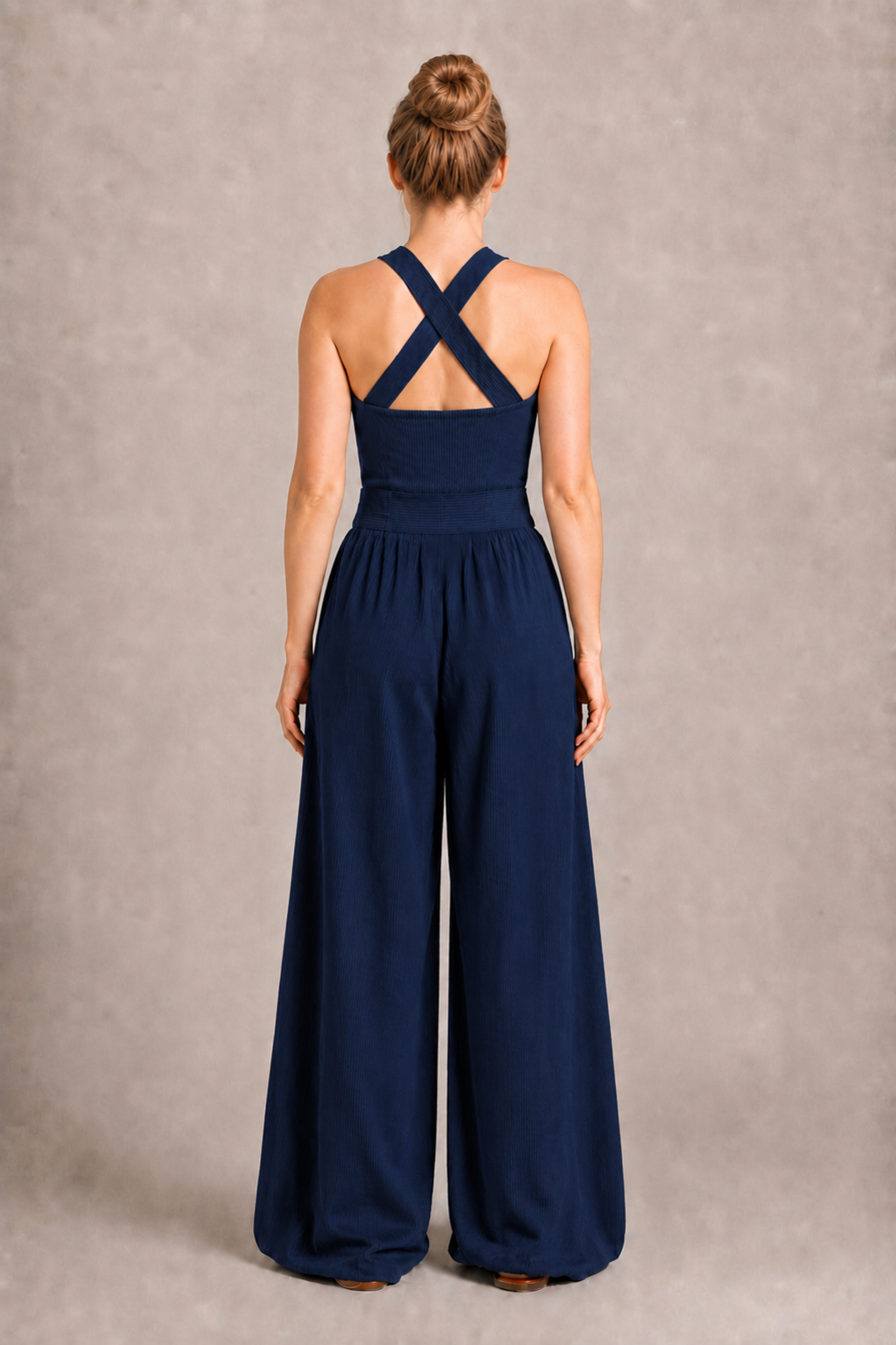 Cross-Neck Wide-Leg Jumpsuit in Navy Blue, back view
