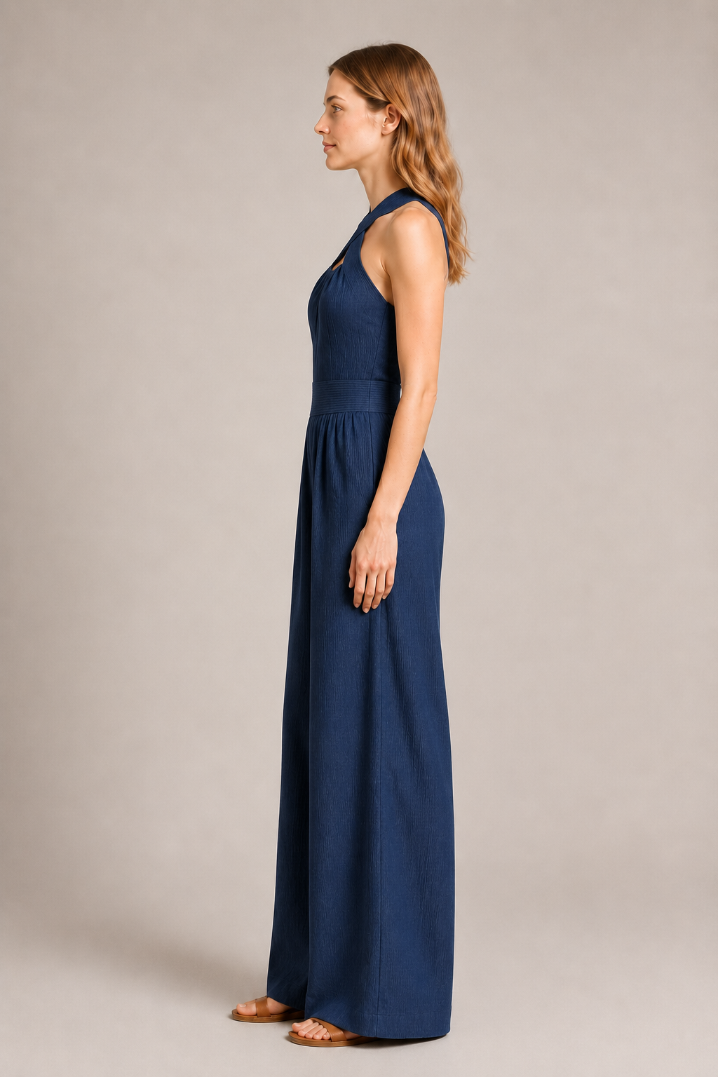 Cross-Neck Wide-Leg Jumpsuit in Navy Blue, side view