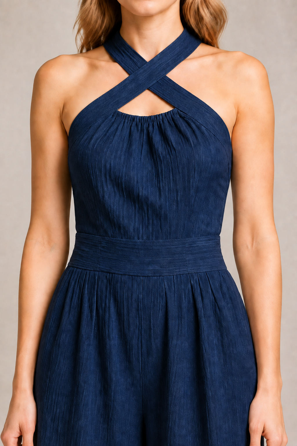Cross-Neck Wide-Leg Jumpsuit in Navy Blue, fabric detail