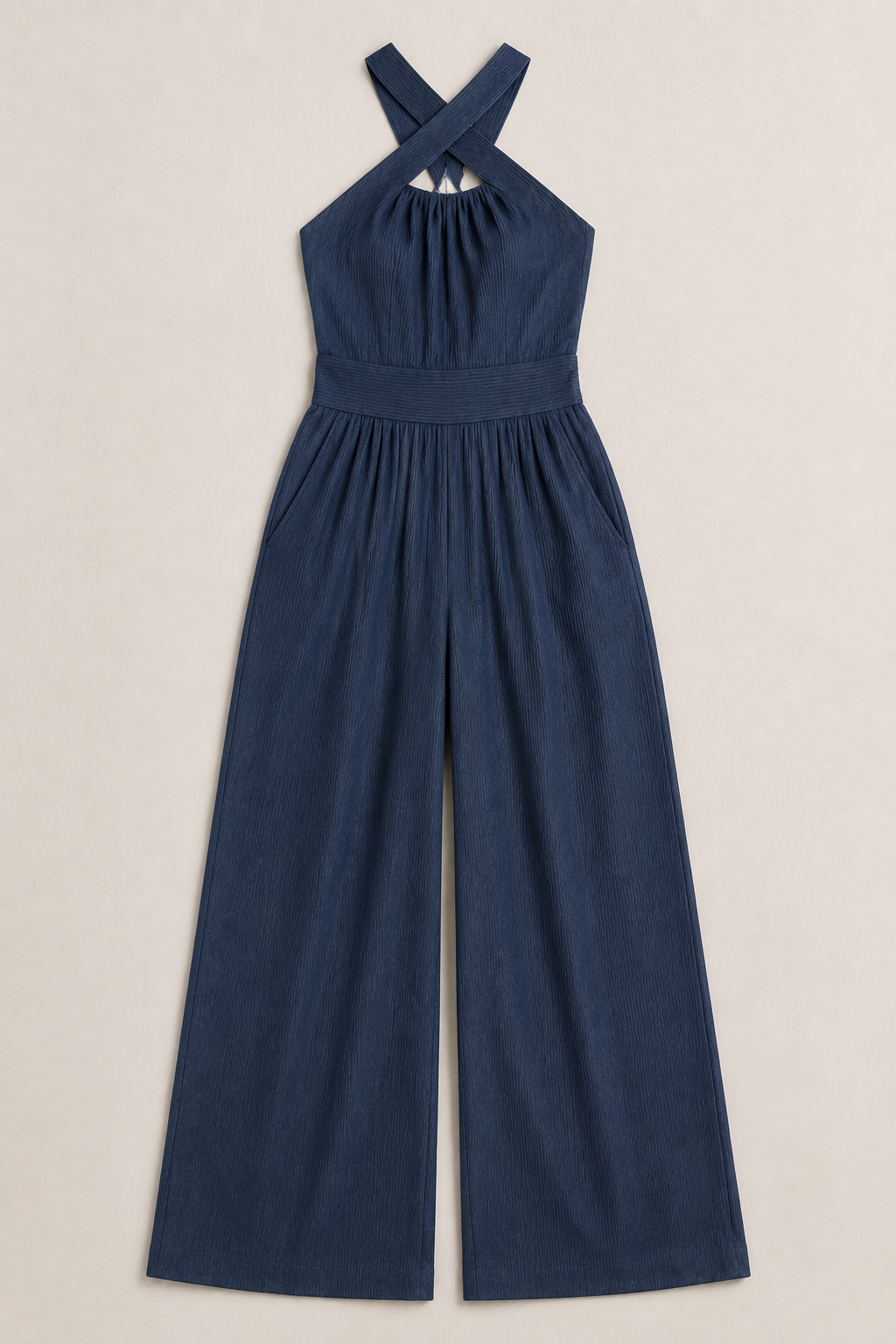 Cross-Neck Wide-Leg Jumpsuit in Navy Blue, flat lay
