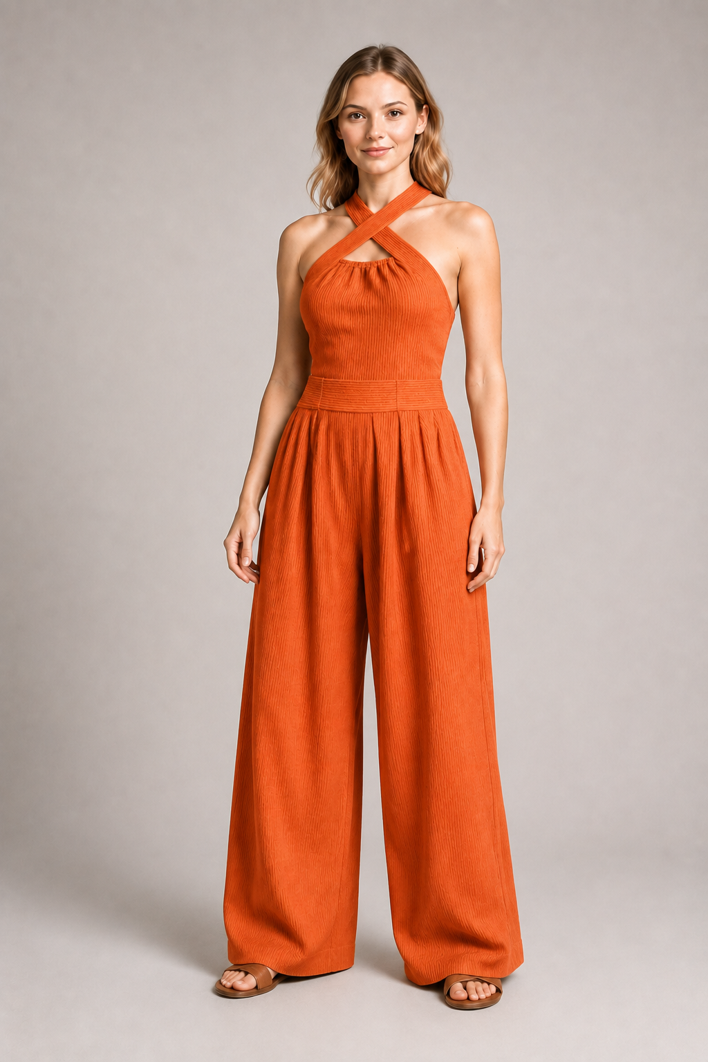 Cross-Neck Wide-Leg Jumpsuit in Orange, front three-quarter view