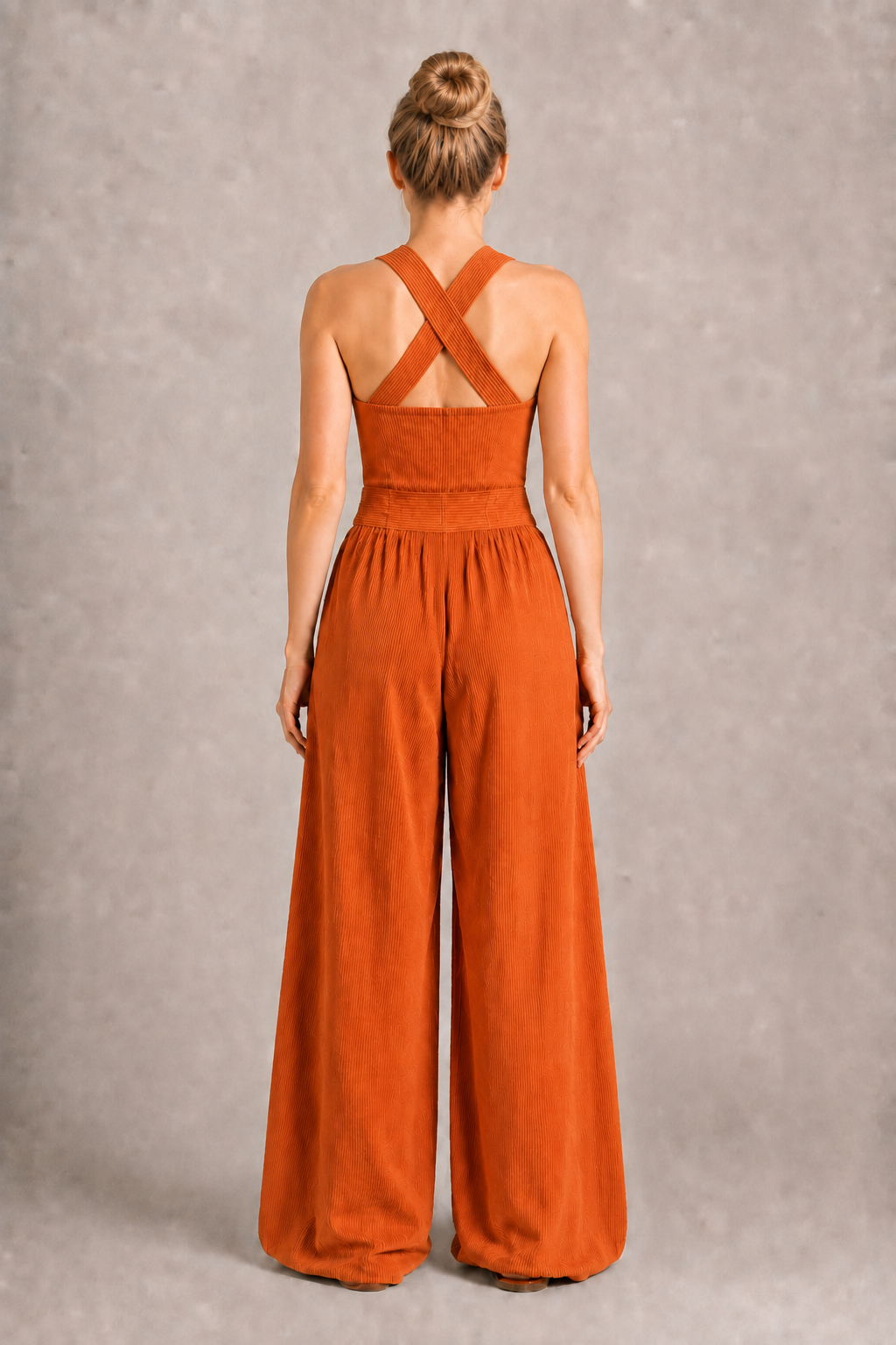 Cross-Neck Wide-Leg Jumpsuit in Orange, back view
