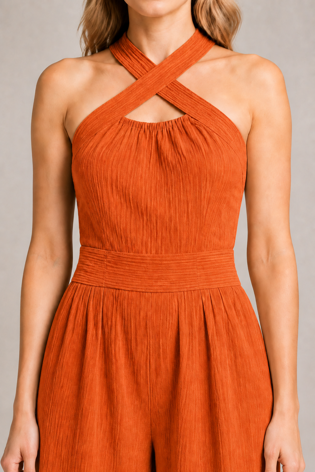 Cross-Neck Wide-Leg Jumpsuit in Orange, fabric detail