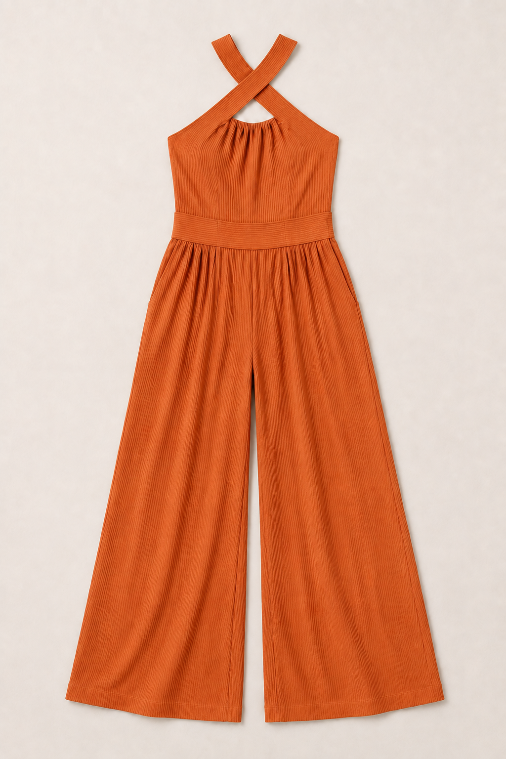 Cross-Neck Wide-Leg Jumpsuit in Orange, flat lay
