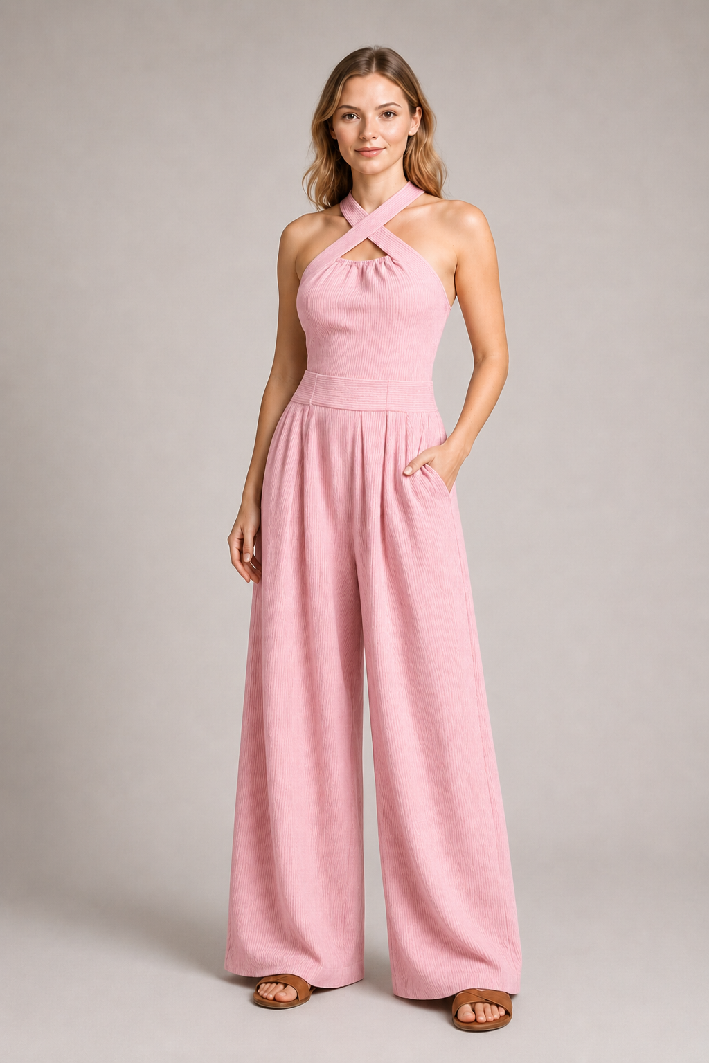 Cross-Neck Wide-Leg Jumpsuit in Pink, front three-quarter view