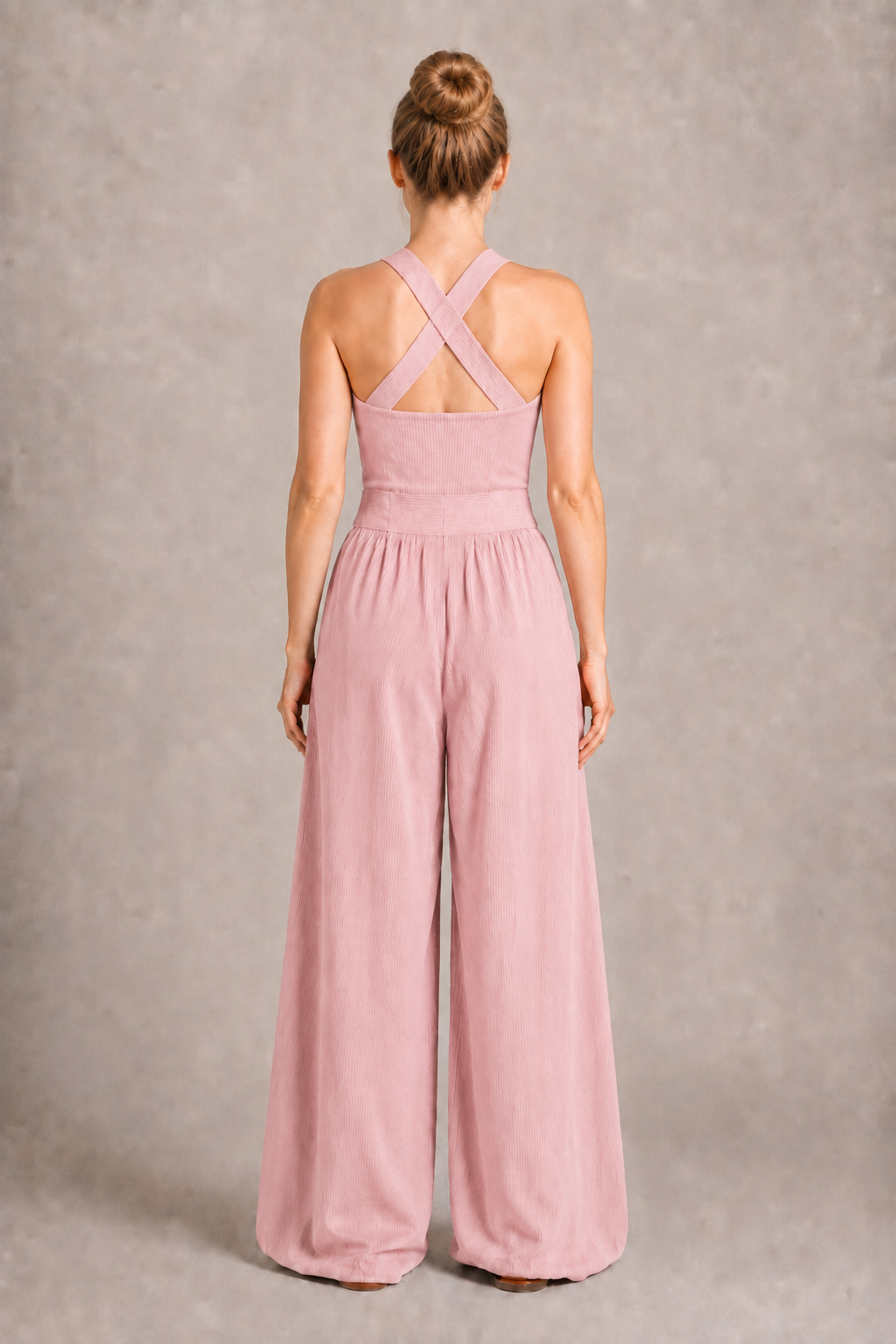 Cross-Neck Wide-Leg Jumpsuit in Pink, back view